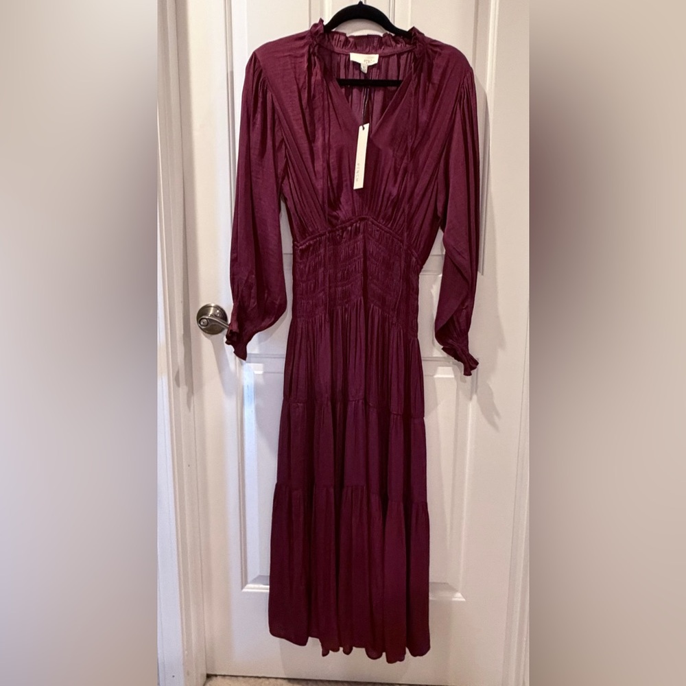 NWT- PINCH waist smocking tiered midi dress- deep wine